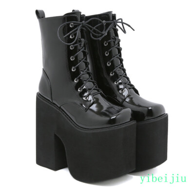 Women's Super High Platform Block Heel Ankle Boots Lace Up Shoes Add Height Lady
