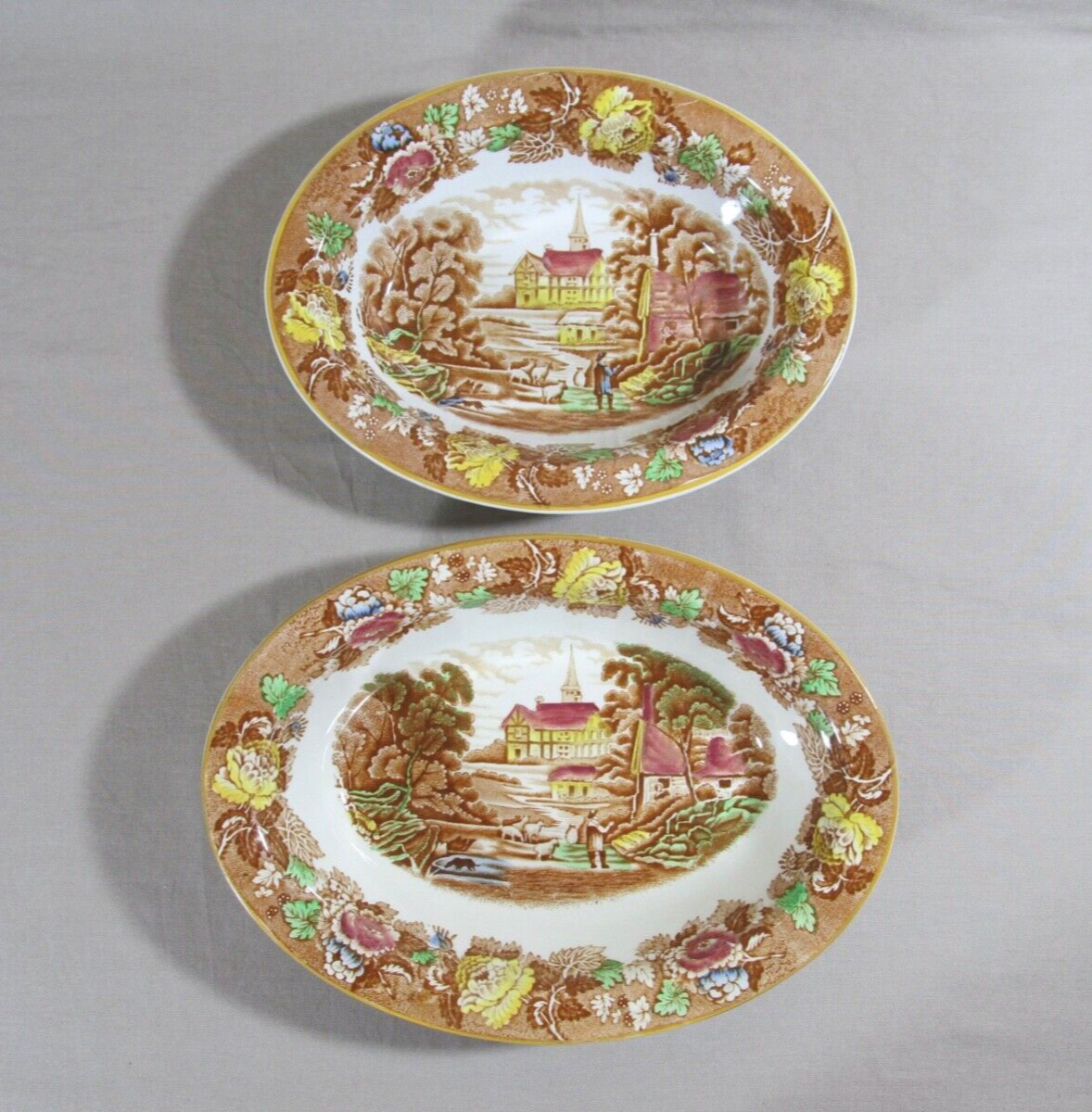 Set of 2 Enoch Woods Ware English Scenery Brown Multicolor Oval