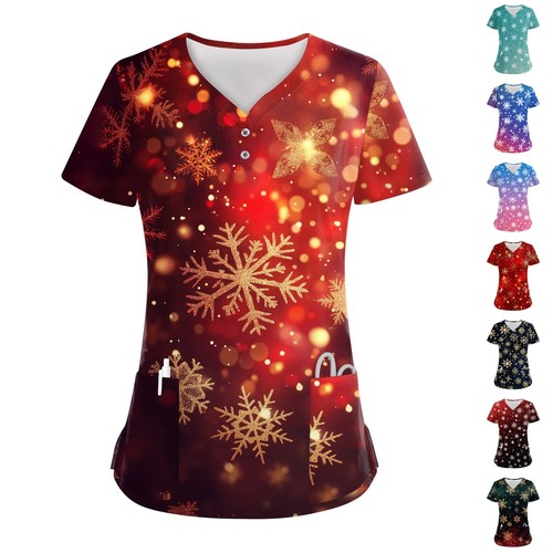 Women's Button V Neck Fashion Casual Christmas Print Tops Dry-nurse Top,Scrubs