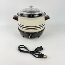 Vtg West Bend Lazy Day 4 Qt Slow Cooker Round Brown Stripe Glass Lid Tested