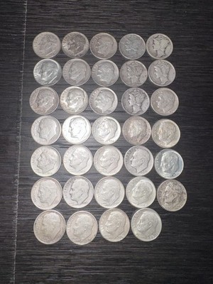 Lot of 34 Roosevelt And Mercury Silver Dimes 90% Silver 1916-1964 Random Dates