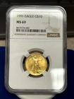 1991 $10 Gold 1/4 Eagle - MS69 - NGC - Dancing Luster