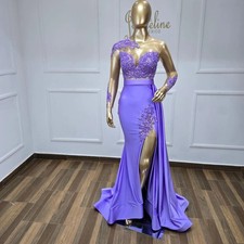 Lilac Lace Prom Dress Glitter Crystal Beaded High Slit Memaid Evening Party