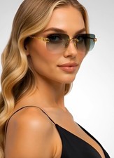 Women Luxury Rimless Square Sunglasses Trendy Gold Frame Shades Retro Eyewear