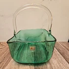 Blenko Handmade Green Art Glass Basket with Clear Applied Handle