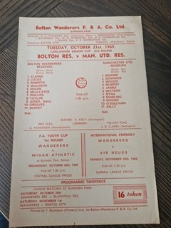 Bolton Wanderers Reserves V Manchester United Reserves 21/10/1969