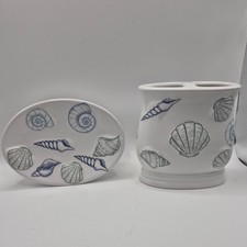 Ceramic Bathroom Set Coastal Seashell Design Soap Dish Toothbrush Holder