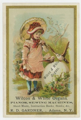 Girl With Parasol Discovers Large Egg Wilcox White Organs 1880's Trade Card