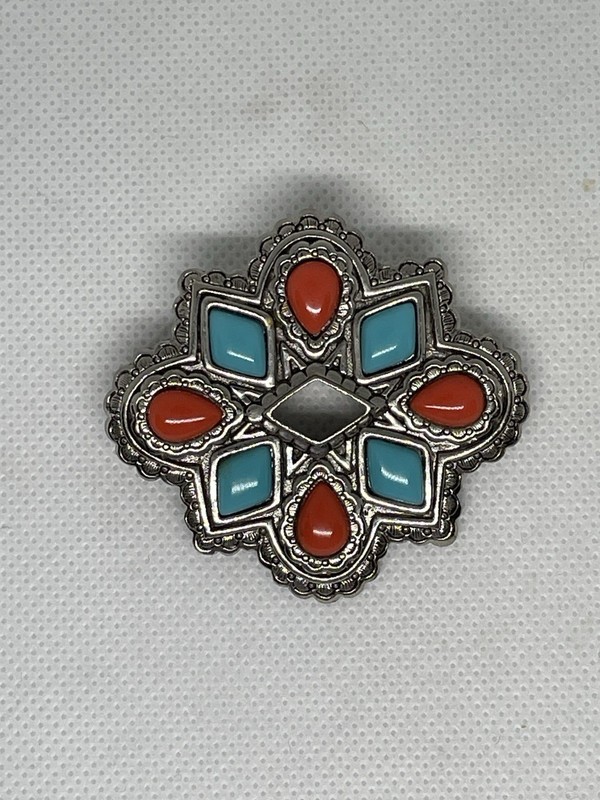 Vintage Avon Silver Tone Brooch Pin Pendant w/ Faux Turquoise & Coral Stone 1993