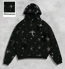 New Luxury Men Women Diamond Stars Rhinestones Fashion Black Hoodie High Quality