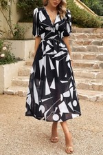 Bohemian V Neck Elastic Waisted Band Midi Dress