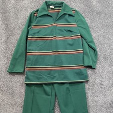 NOS VTG 1970s Womens M 2 Piece Outfit Shirt Pants Green Striped Mod Hippie Poly