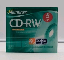 New Memorex CD-RW 4x 700MB 80 Min Rewritable Compact Discs 5-Pack Sealed