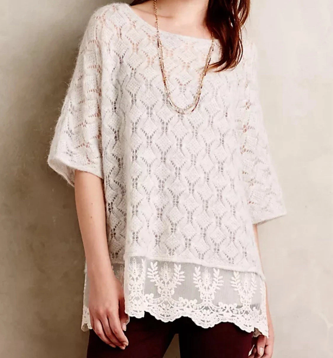 Knitted & Knotted Alpaca Sweater Sz L Crochet Open Knit Lace Trim Anthropologie