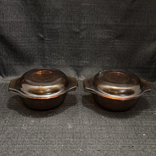 Set of 2 - Anchor Hocking Fire King Amber Dishes w/ Lids #472   Oven Safe (26)