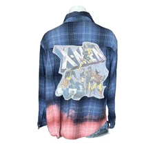X-Men Plaid Flannel Shirt XL Oversize Shacket Upcycle Unique Marvel Comic Blue