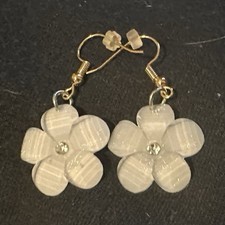 Flower Dangle Drop Earrings Crystal Center Hook Closure White Pink Beige