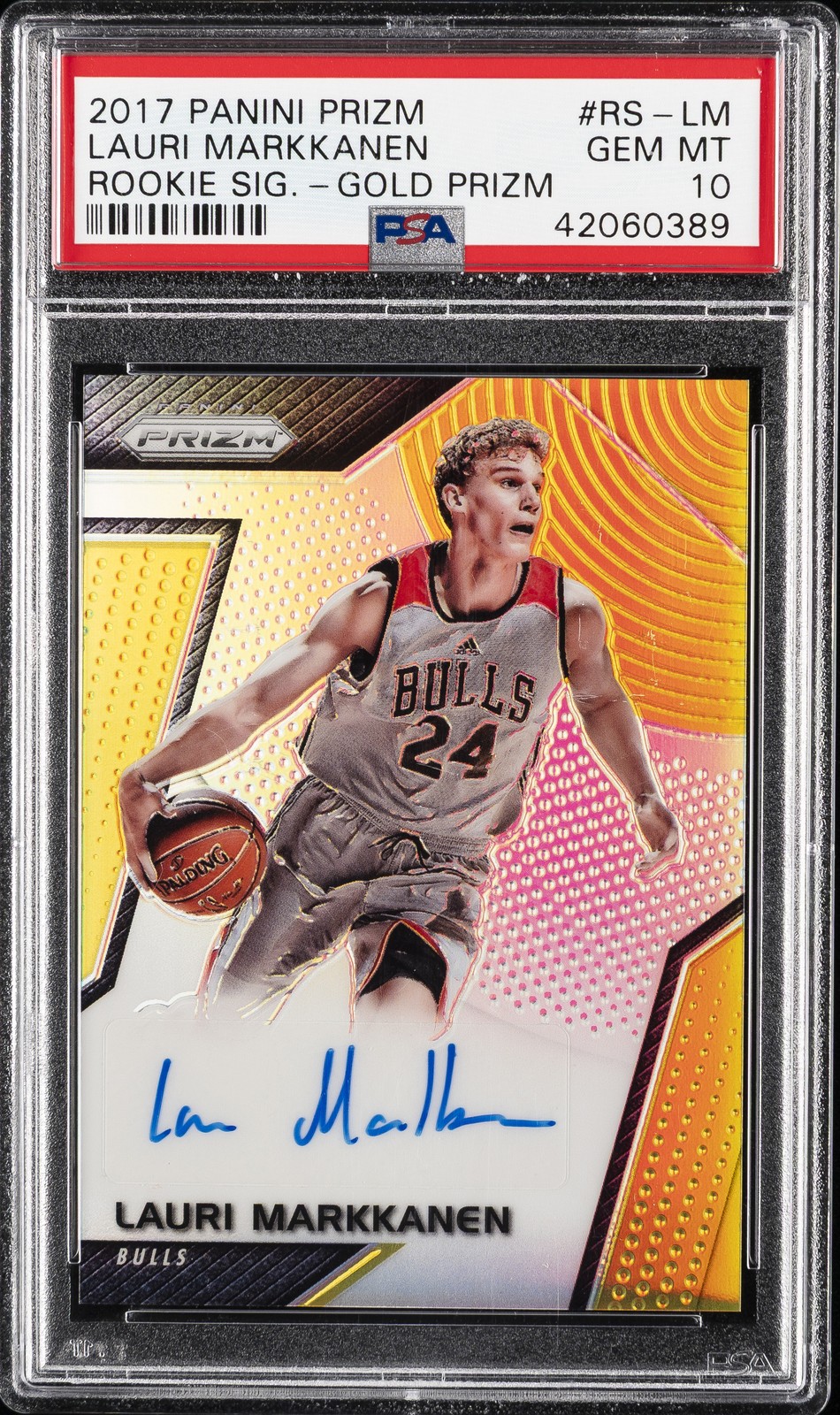 2017 PANINI PRIZM ROOKIE SIGNATURES GOLD PRIZM LAURI MARKKANEN #/10 PSA 10 AUTO