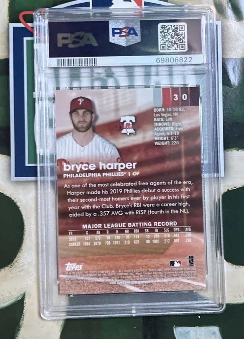 2020 Stadium Club Chrome Bryce Harper Xfractor PSA 9 view 2