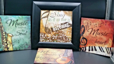 Music Canvas Wall Art for Music Lover Gift 4 PCS Black and Gold Guitar Piano ... - Image 1 of 4