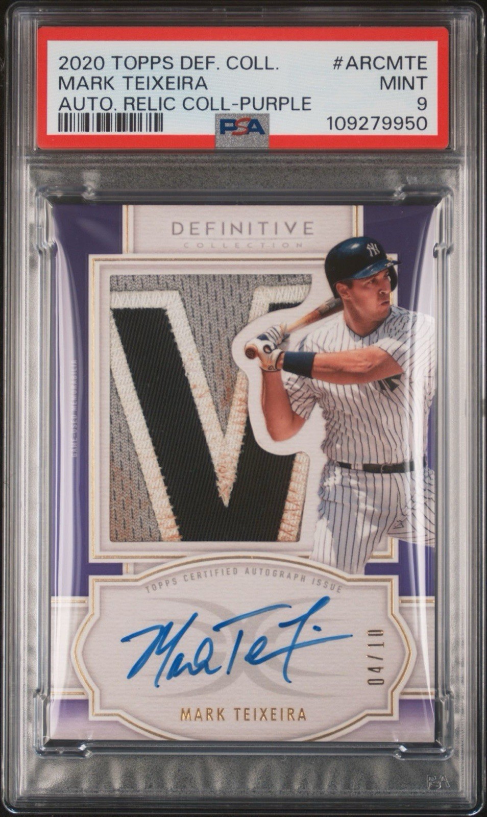 2020 Topps Definitive GAME USED DIRTY Patch Auto Purple /10 Mark Teixeira PSA 9 view 5
