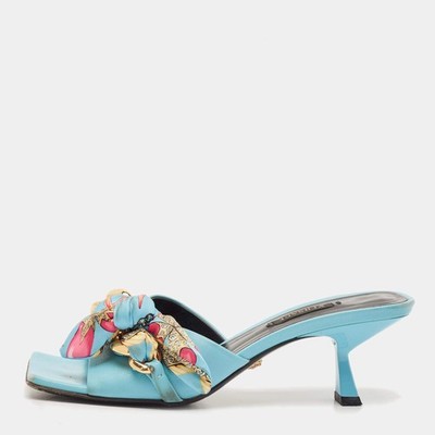 Versace Medusa Size 37 Light Blue Fabric and Leather Chain Slide Sandals