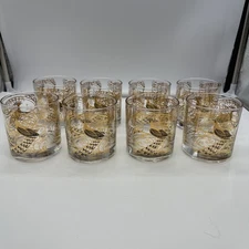Osborne Kemper Thomas MCM 24k Gold Peacock Old Fashioned GlassesSet Of 8 Barware