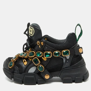 Baskets Gucci noires en maille et cuir Flashtrek cristaux amovibles réfléchissants