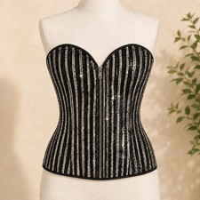 Women s M Black Silver Sequin Strapless Corset Zip Front Lace-Up Back