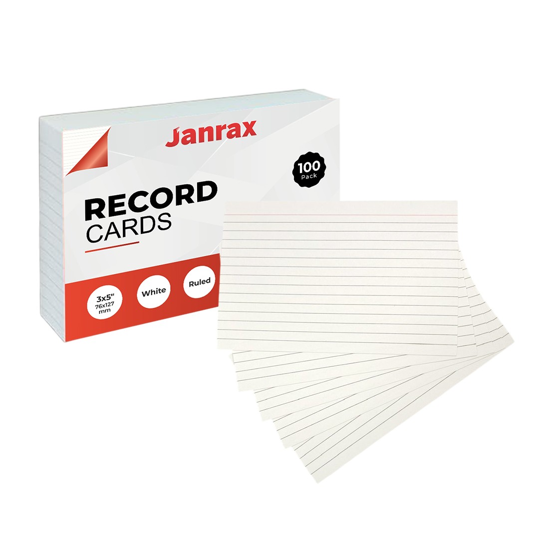 Pack of 100 White Ruled 5x3"" Record Cards – Lined Index Cards for Note, Revision