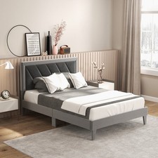 Image of Double Size Bed Frame Velvet Upholstered Platform Bed Slat w/ High Headboard