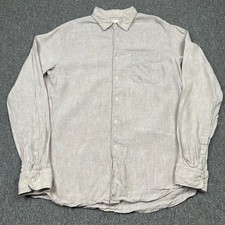 Uniqlo Shirt Mens Medium Beige 100% Linen Button Up Long Sleeve Lightweight