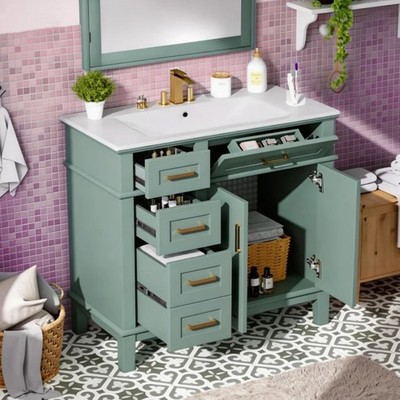 Solid Wood Frame 36 inches Bathroom Vanity Combo Bathroom Vanity Set in Green