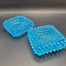 A Pair Of (2) Vintage Fenton Aqua Blue Hobnail Salt Cellars USA Made 