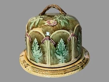 Vintage Antique Majolica Pottery Floral Decorated Cheese Keeper Dome with Base