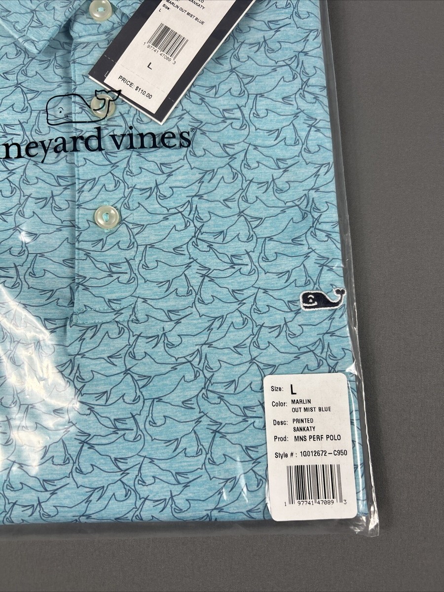 Vineyard Vines Golf Shirt Polo Marlin Out Print Sankaty Large Blue