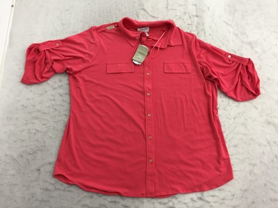 NEW Carmen Marc Valvo Blouse Plus Size 1X Crimson Red Button Up Collar Pocket