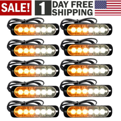 10x 6 LED Amber/White Side Marker Flash Emergency Strobe Light Bar Kit Tow Truck