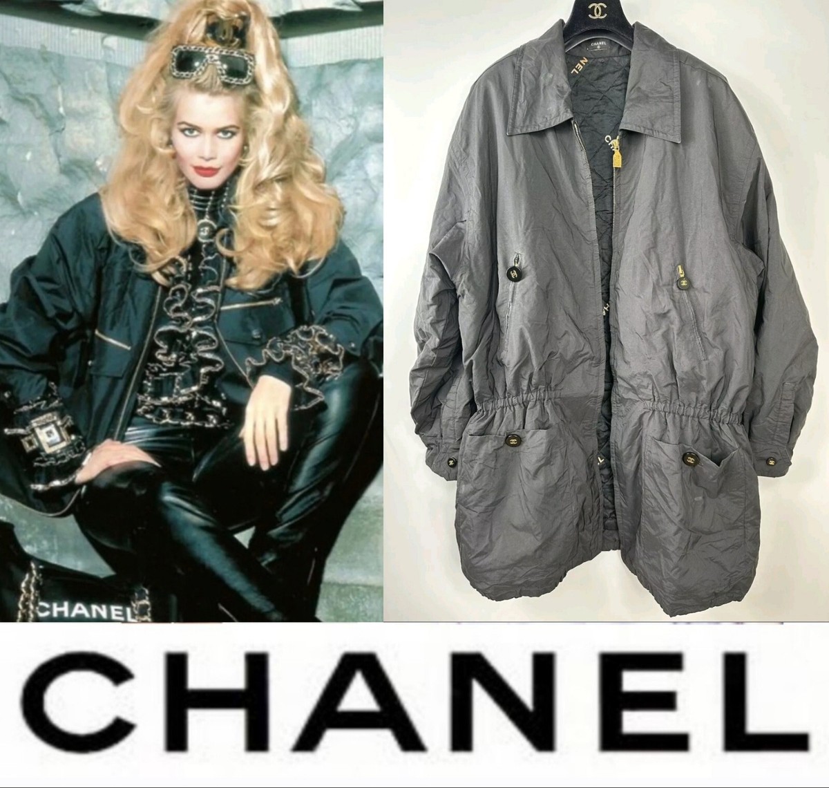 Chanel Vintage 1992 Black Logo 90s Coat 42 44 46 10 12 14