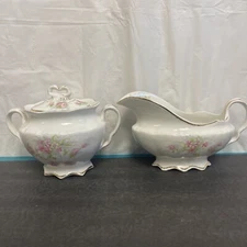 K.T & K Co Sugar + Cream Pink Floral Gold Trim Porcelain Set MARRIED LID + CHIP