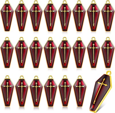30 Coffin Pendants Red Enamel Halloween Charm Cross Box Gothic Jewelry 26mm Bulk
