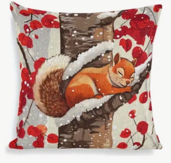 Double-Sided Squirrel & Fall Leaves Winter Throw Pillow Cover for Christmas