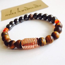 MEN'S MATTE TIGER'S EYE CARNELIAN HEMATITE BEADED GEMSTONE BRACELET PURE COPPER