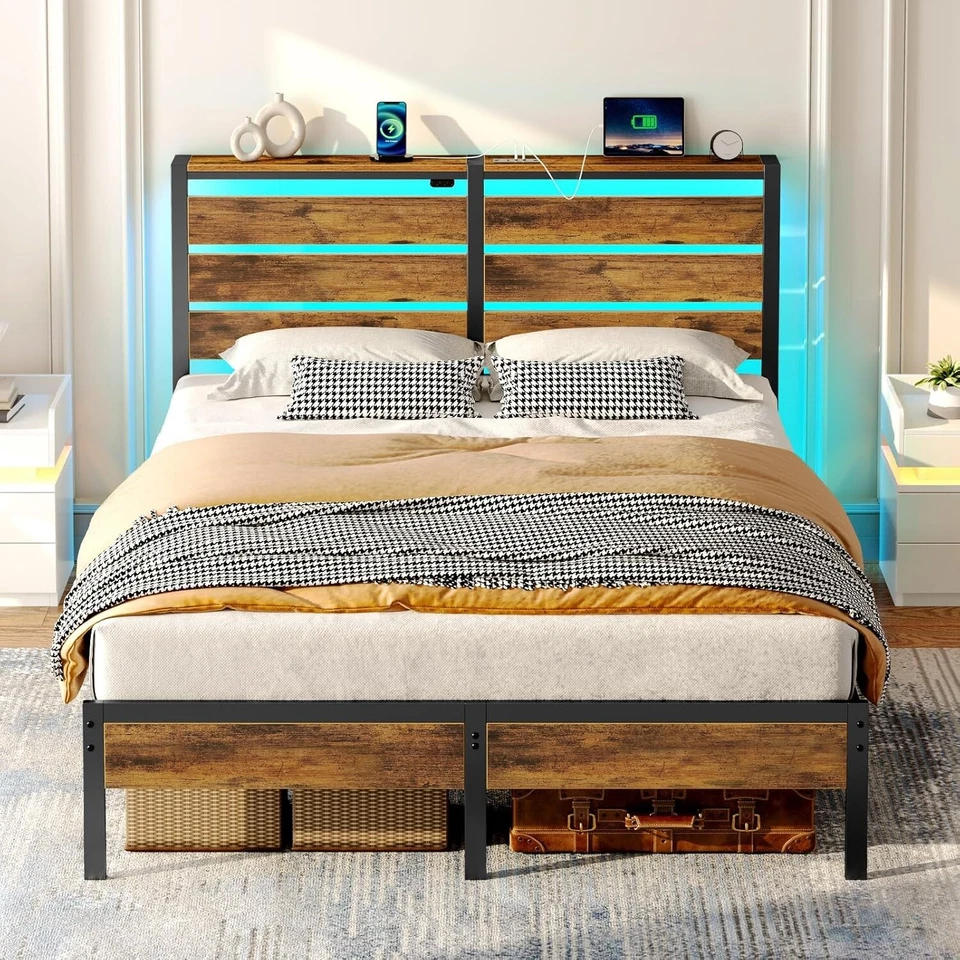 Marco de cama multifuncional tamaño completo con iluminación LED y estación de carga USB Foto 3 de 4