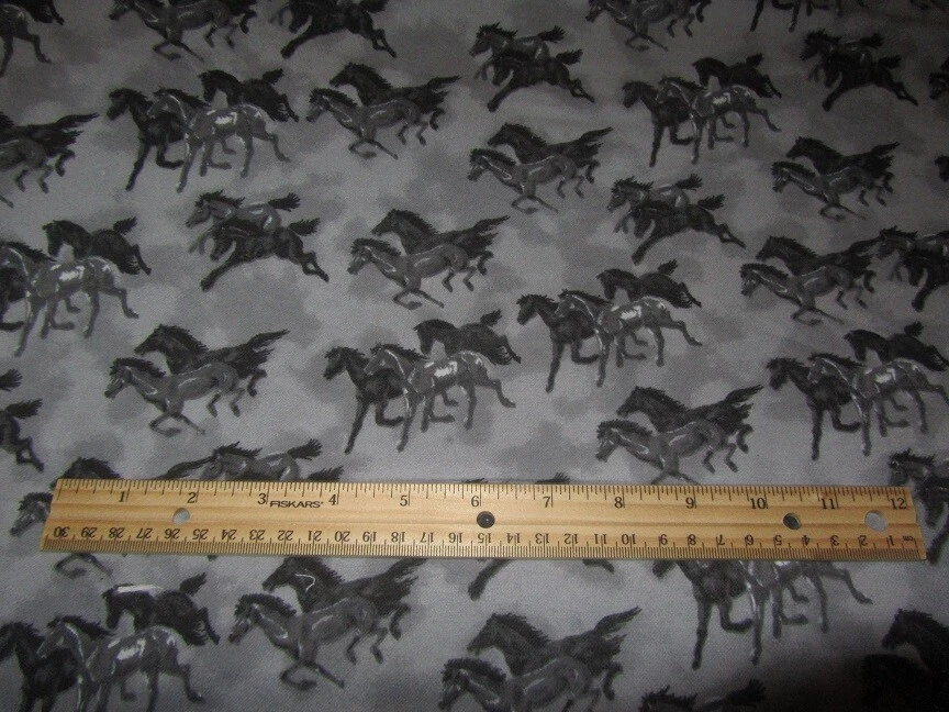 A.E. NATHAN 2 Yards Gray With Black Running Horses Flannel Fabric