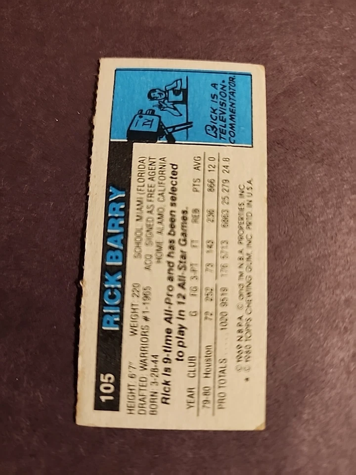 1980-81 TOPPS RICK BARRY #105 Separated Mini HOUSTON ROCKETS F-G Cond. - Image 2 of 2