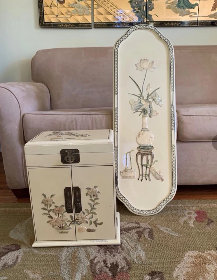 "Joyero vintage japonés beige lacado cofre madreperla y latón 17""x13""" Foto 3 de 4