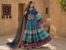 Turquoise Afghan Kuchi Dress, Traditional Mirror Embroidered Wedding Gown