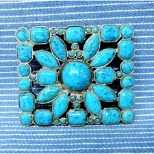 Southwestern Floral Dress Belt Buckle Faux Turquoise Cowgirl Boho Vtg 90s.CVB855