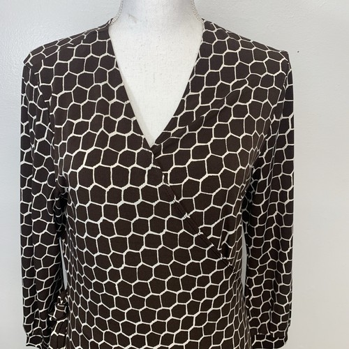 Anne Klein Wrap Dress Large Brown Abstract Stretch Knit Below Knee Career Casual - Picture 2 of 7